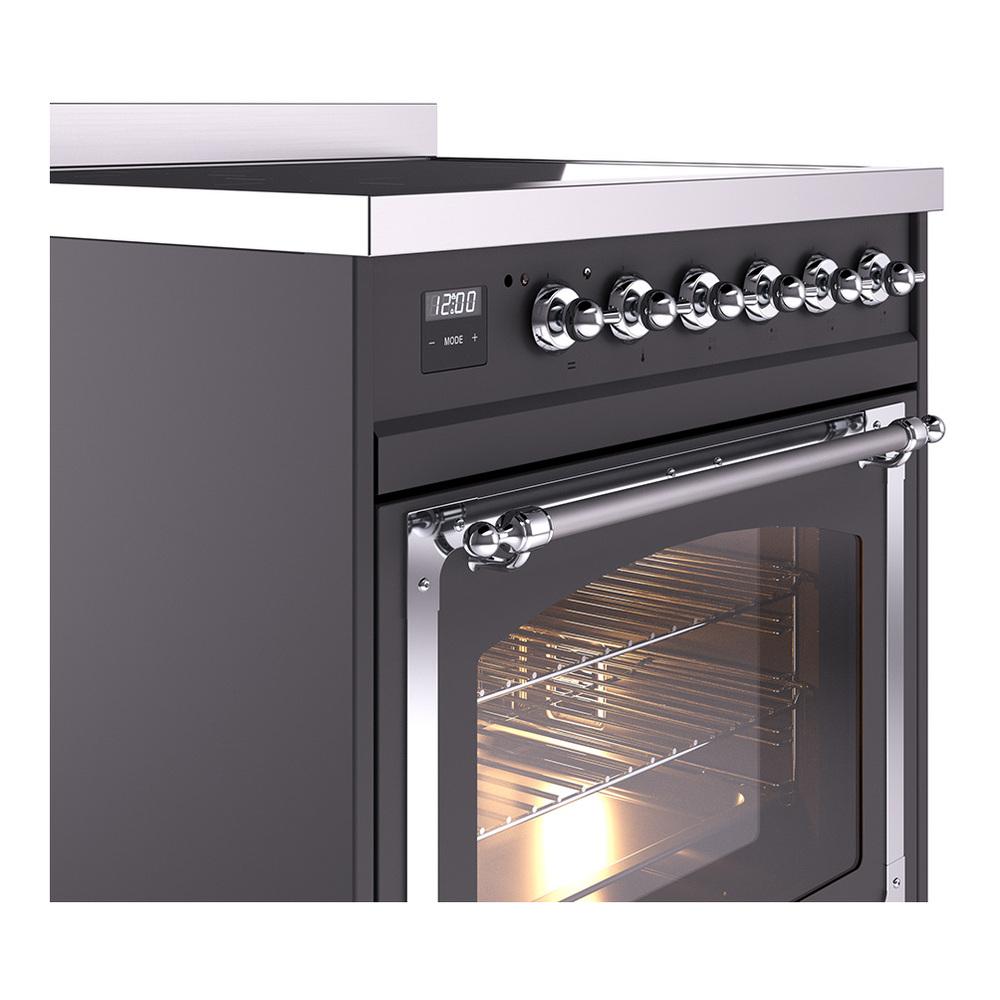 ILVE UNI304NMPMGC Nostalgie II Noblesse 30 inch Induction Range (Triple Glass Door, Graphite Matte, Chrome)
