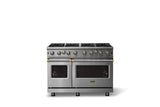 48"W. Open Burner Gas Range (Finish: Stainless Steel, Trim: Brushed Brass, Fuel: Natural Gas)