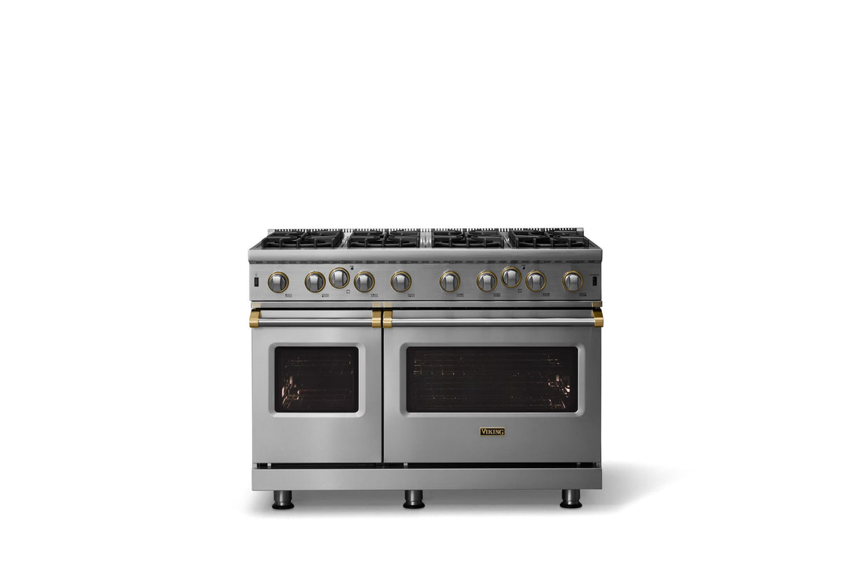 48"W. Open Burner Gas Range (Finish: Stainless Steel, Trim: Brushed Brass, Fuel: Propane)