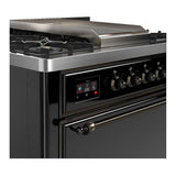 ILVE UM36FQNR3BKBLP Majestic III 36 inch Dual Fuel Range with 6 Black Brass Burners and Griddle, Dual Function Burner up to 25,000 BTU (Solid Door, Glossy Black, Burnished, Liquid Propane)