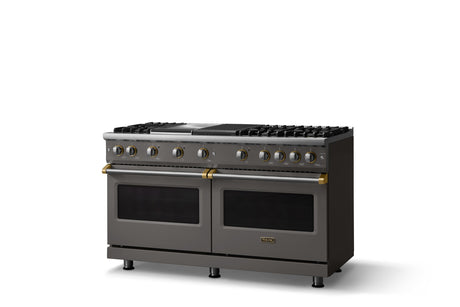 60"W. Sealed Burner Gas Range (Finish: Damascus Gray, Trim: Brushed Brass, Fuel: Propane)