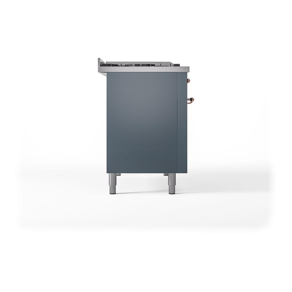 ILVE UN48FSQNMPBGP Nostalgie II Noblesse 48 inch Dual Fuel Range (5 Sealed Burners + Griddle + French Top, Natural Gas, Solid Door, Blue Grey, Copper)