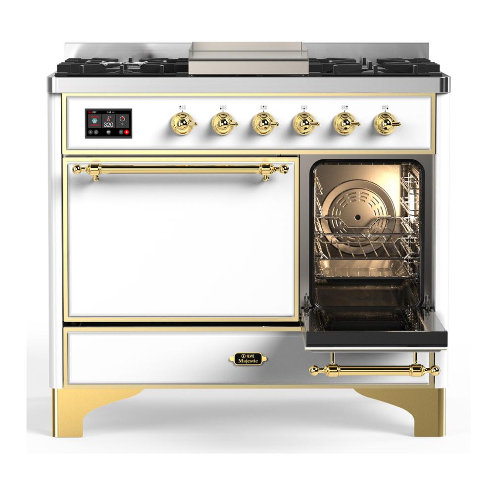 ILVE UMD40FQNR3WHGLP Majestic III 40 inch Dual Fuel Range with 6 Burners and Griddle, Dual Function Burner up to 25,000 BTU (Liquid Propane, Solid Door, White, Brass)