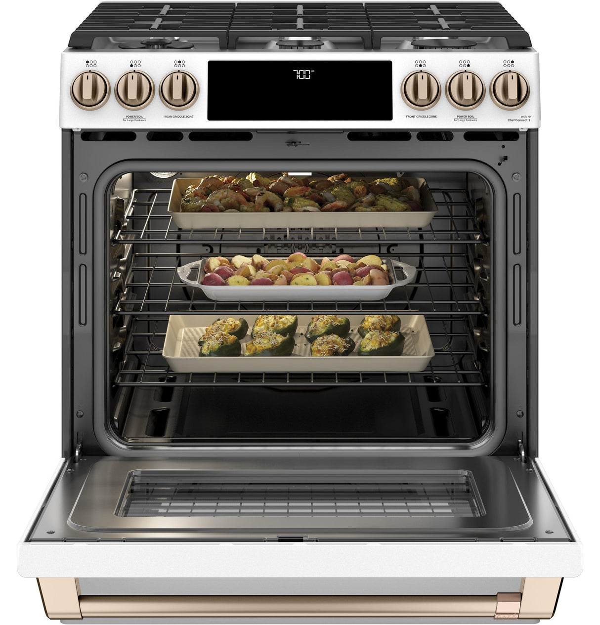 Café™ 30" Smart Slide-In, Front-Control, Gas Range with Convection Oven