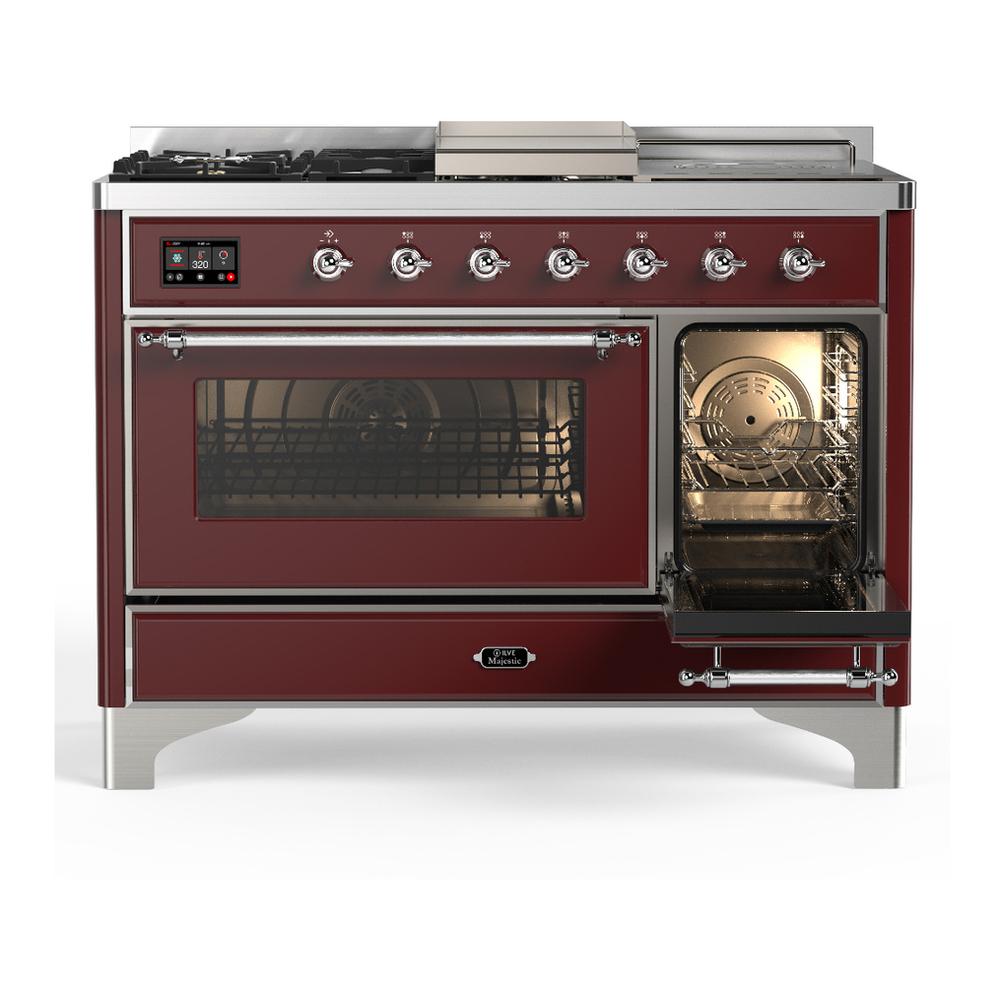 ILVE UM48FSNR3BUC Majestic III 48 inch Dual Fuel Range with 5 Black Brass Burners, Griddle and French Top, Dual Function Burner up to 25,000 BTU (Natural Gas, Triple Glass Door, Burgundy, Chrome)