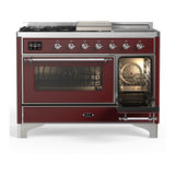 ILVE UM48FSNR3BUC Majestic III 48 inch Dual Fuel Range with 5 Black Brass Burners, Griddle and French Top, Dual Function Burner up to 25,000 BTU (Natural Gas, Triple Glass Door, Burgundy, Chrome)