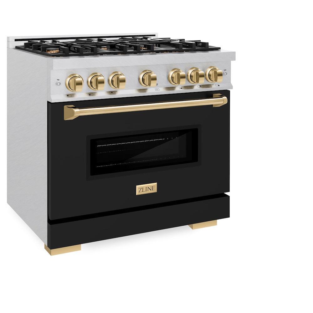ZLINE Autograph Edition 36 in. 5.2 cu. ft. Classic Dual Fuel Range with 6 Burner Gas Cooktop and Electric Convection Oven in DuraSnow' Stainless Steel with Black Matte Door and Polished Gold Accents (CDRSZ-BLM-36-G)