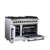 Forno Capriasca 48 Inch Freestanding French Door Dual Fuel Range in White with Antique Brass Accessories, 8 Burners, True Convection Oven