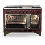 ILVE UM48FQNR3BUB Majestic III 48 inch Dual Fuel Range with 8 Burners and Griddle, Dual Function Burner up to 25,000 BTU (Natural Gas, Solid Door, Burgundy, Burnished)