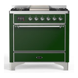 ILVE UM36FQNR3EGC Majestic III 36 inch Dual Fuel Range with 6 Black Brass Burners and Griddle, Dual Function Burner up to 25,000 BTU (Solid Door, Emerald Green, Chrome, Natural Gas)