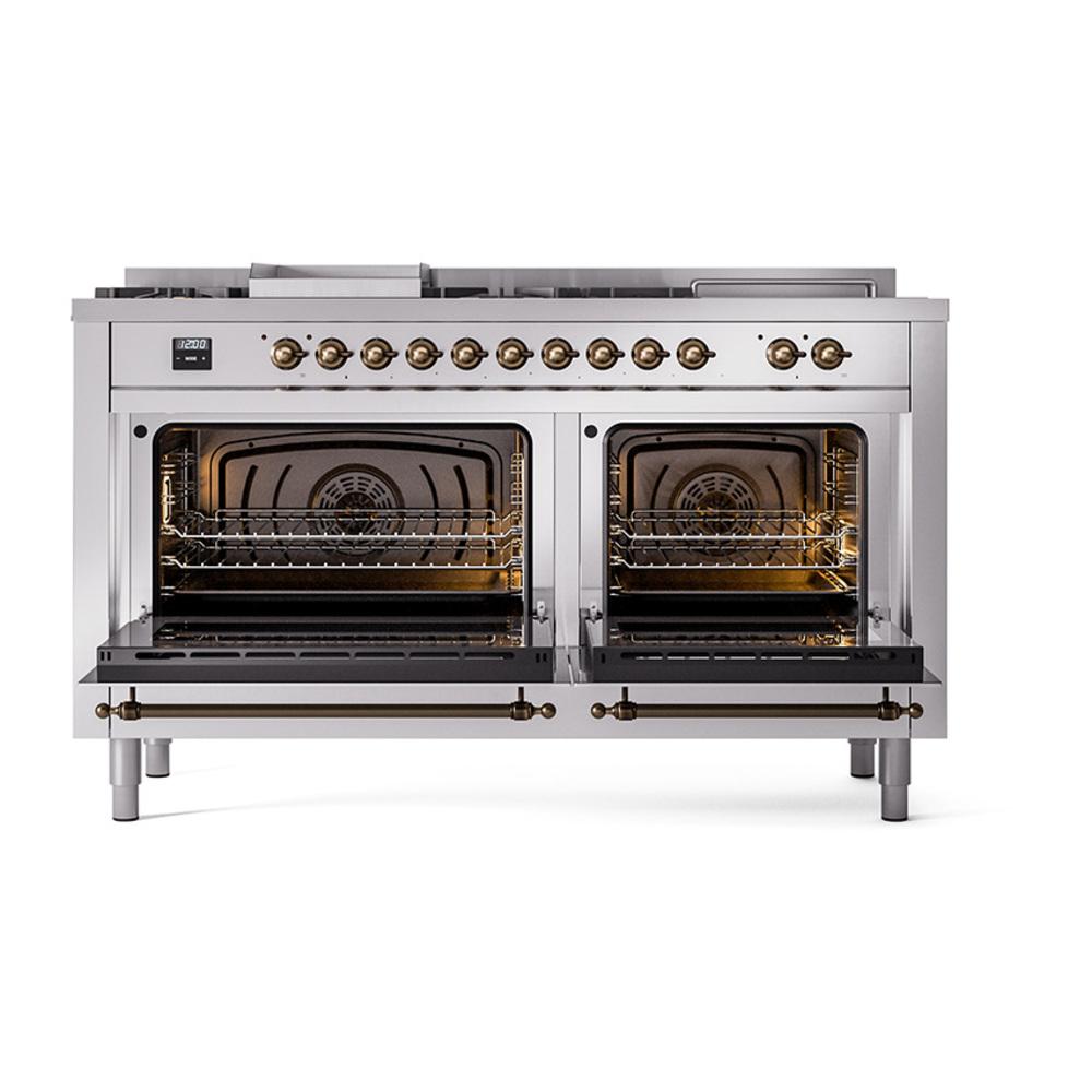 ILVE UN60FSQNMPSSB Nostalgie II Noblesse 60 inch Dual Fuel Range (7 Sealed Burners + Griddle + French Top, Natural Gas, Solid Door, Stainless Steel, Burnished)
