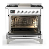 ILVE UM36FNR3RACLP Majestic III 36 inch Dual Fuel Range with 6 Black Brass Burners and Griddle, Dual Function Burner up to 25,000 BTU (Triple Glass Door, RAL, Chrome, Liquid Propane)