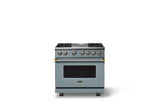 36"W. Dual Fuel Range (Burner: 4g, Finish: November Sky, Trim: Brushed Brass, Fuel: Natural Gas)