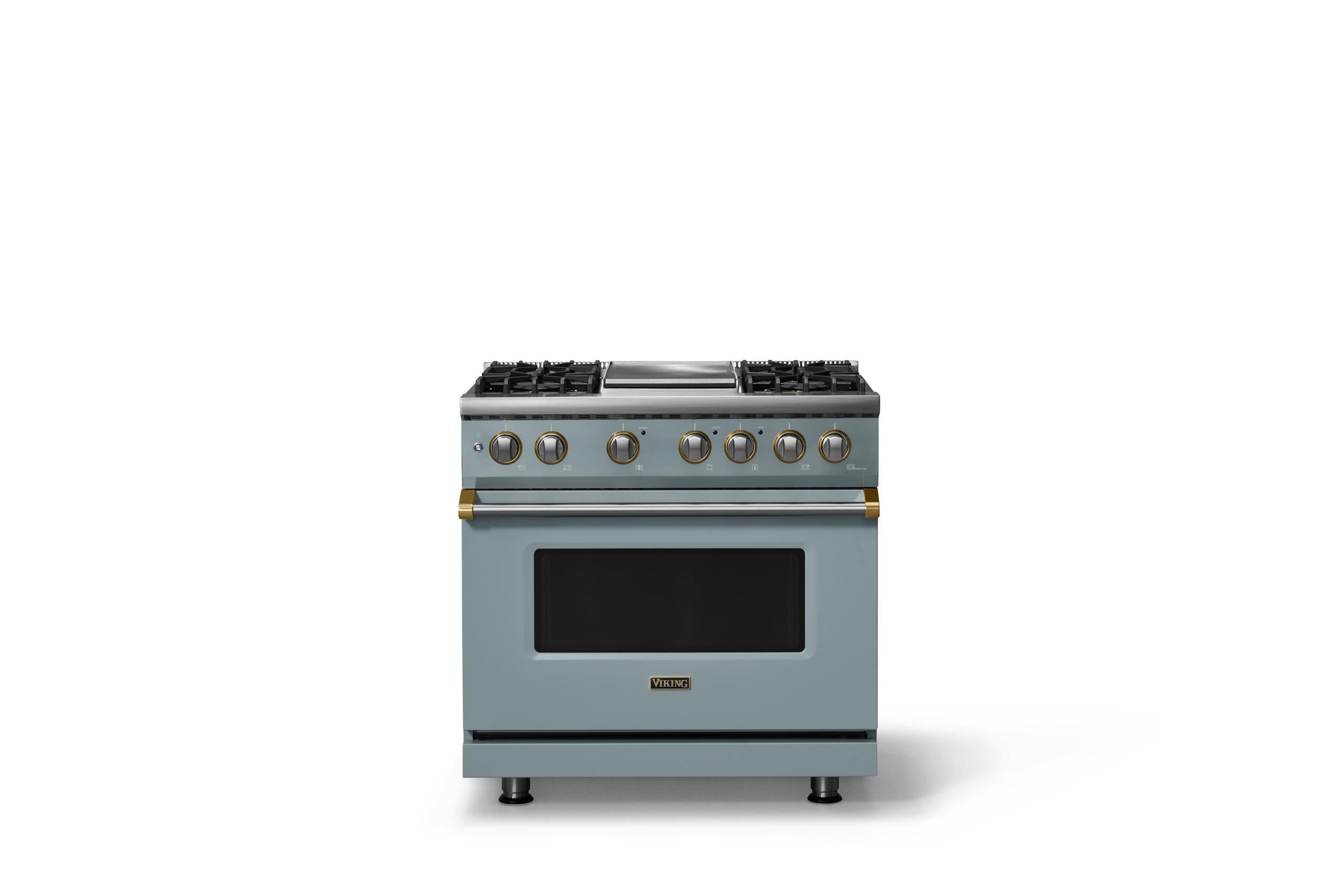 36"W. Dual Fuel Range (Burner: 4g, Finish: November Sky, Trim: Brushed Brass, Fuel: Natural Gas)