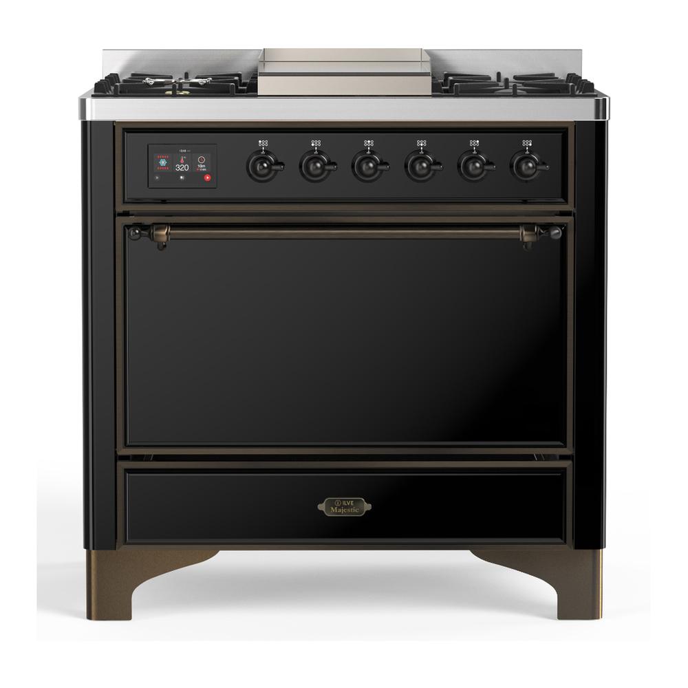 ILVE UM36FQNR3BKB Majestic III 36 inch Dual Fuel Range with 6 Black Brass Burners and Griddle, Dual Function Burner up to 25,000 BTU (Solid Door, Glossy Black, Burnished, Natural Gas)
