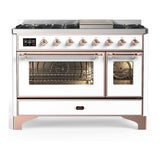 ILVE UM48FNR3WHPLP Majestic III 48 inch Dual Fuel Range with 8 Burners and Griddle, Dual Function Burner up to 25,000 BTU (Liquid Propane, Triple Glass Door, White, Copper)