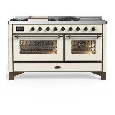 ILVE UM60FSNR3AWB Majestic III 60 inch Dual Fuel Range with 7 Burners, Griddle and French Top, Dual Function Burner with up to 25,000 BTU (Natural Gas, Triple Glass Door, Antique White, Burnished)
