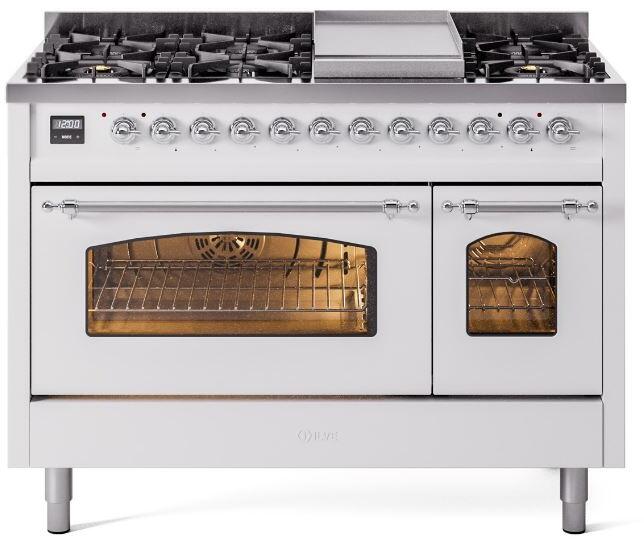 Nostalgie II 48 Inch Dual Fuel Liquid Propane Freestanding Range in White with Chrome Trim