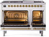 Nostalgie II 48 Inch Dual Fuel Natural Gas Freestanding Range in White with Brass Trim