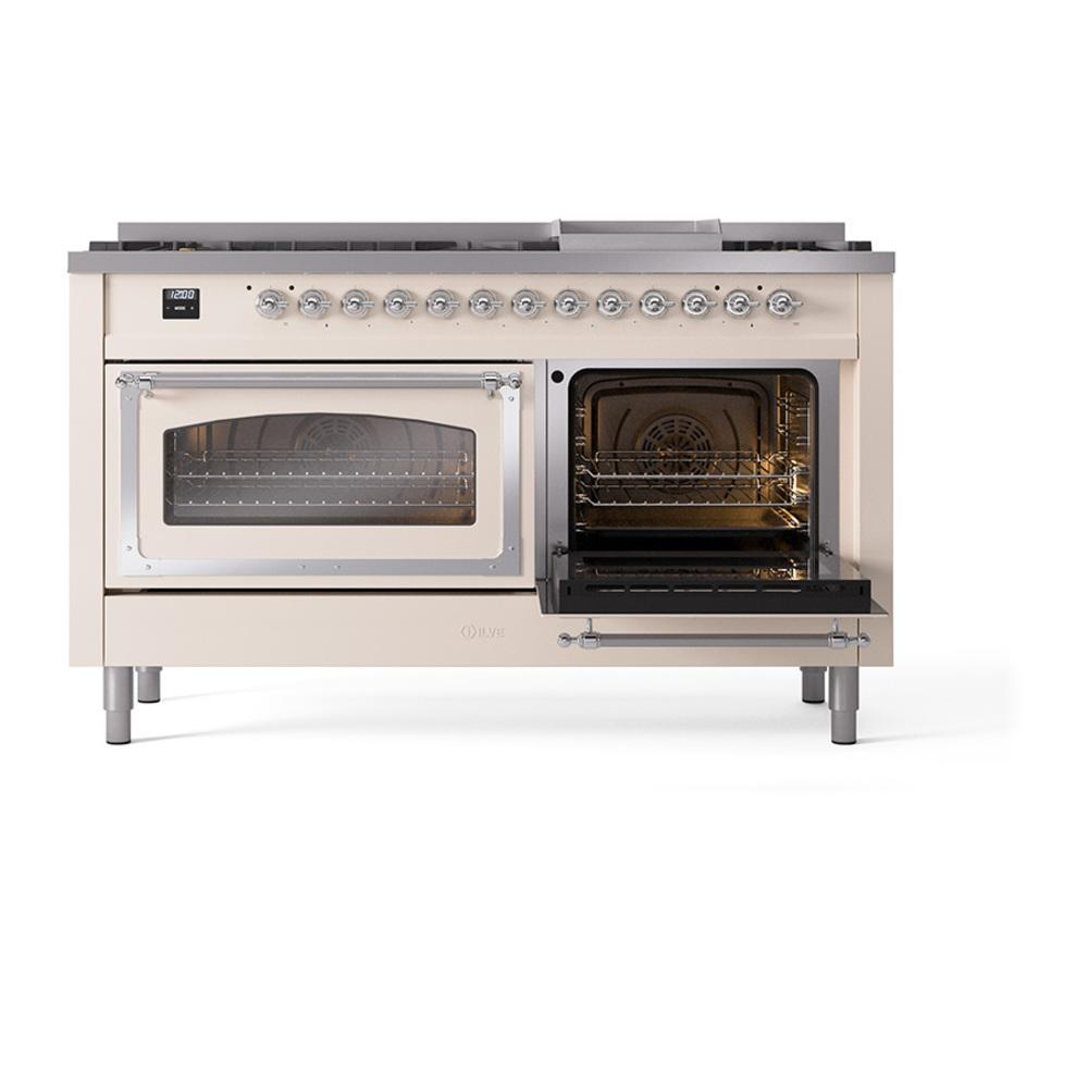 ILVE UN60FNMPAWCLP Nostalgie II Noblesse 60 inch Dual Fuel Range (9 Sealed Burners + Griddle, Liquid Propane, Triple Glass Door, Antique White, Chrome)