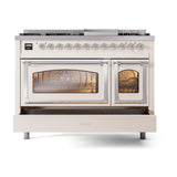 ILVE UN48FNMPAWCLP Nostalgie II Noblesse 48 inch Dual Fuel Range (8 Sealed Burners + Griddle, Liquid Propane, Triple Glass Door, Antique White, Chrome)