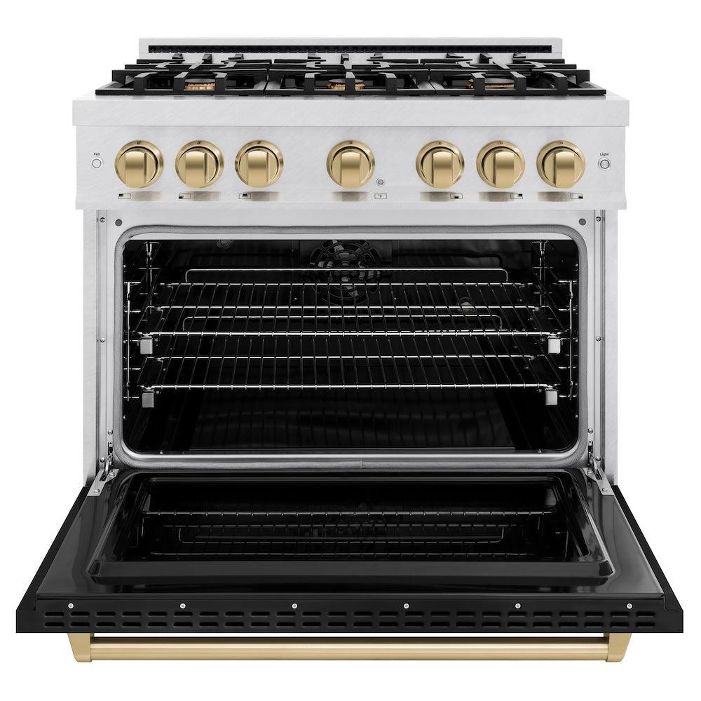 ZLINE Autograph Edition 36 in. 5.2 cu. ft. Classic Dual Fuel Range with 6 Burner Gas Cooktop and Electric Convection Oven in DuraSnow' Stainless Steel with Black Matte Door and Champagne Bronze Accents (CDRSZ-BLM-36-CB)