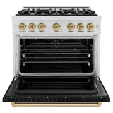 ZLINE Autograph Edition 36 in. 5.2 cu. ft. Classic Dual Fuel Range with 6 Burner Gas Cooktop and Electric Convection Oven in DuraSnow' Stainless Steel with Black Matte Door and Champagne Bronze Accents (CDRSZ-BLM-36-CB)