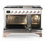 ILVE UM48FNR3RAPLP Majestic III 48 inch Dual Fuel Range with 8 Burners and Griddle, Dual Function Burner up to 25,000 BTU (Liquid Propane, Triple Glass Door, RAL, Copper)