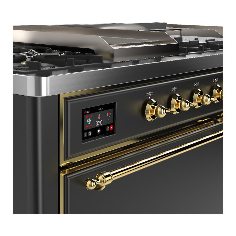 ILVE UM60FSQNR3MGG Majestic III 60 inch Dual Fuel Range with 7 Burners, Griddle and French Top, Dual Function Burner with up to 25,000 BTU (Natural Gas, Solid Door, Graphite Matte, Brass)