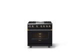 36"W. Dual Fuel Range (Burner: 4g, Finish: Onyx, Trim: Brushed Brass, Fuel: Propane)