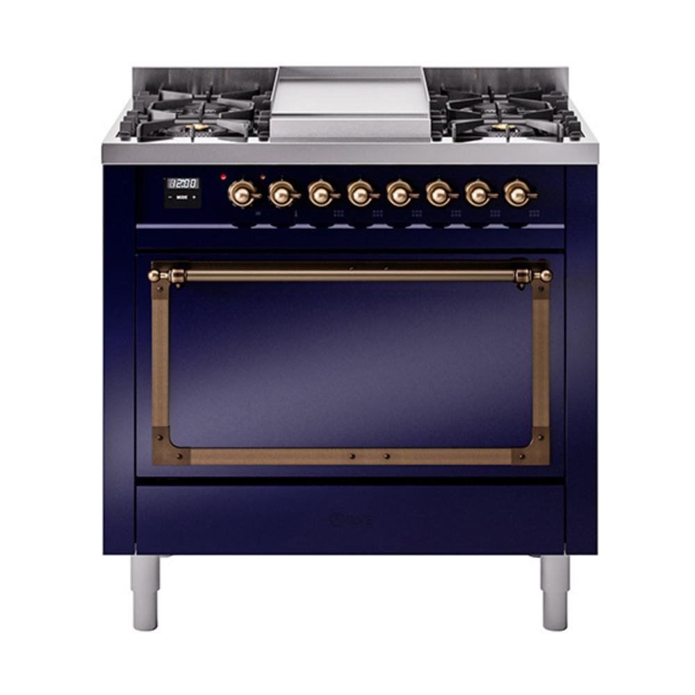 ILVE UN36FQNMPMBB Nostalgie II Noblesse 36 inch Dual Fuel Range (Natural Gas, Solid Door, Midnight Blue, Burnished)