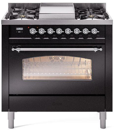 Nostalgie II 36 Inch Dual Fuel Liquid Propane Freestanding Range in Glossy Black with Chrome Trim