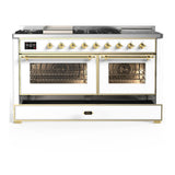 ILVE UM60FSNR3WHG Majestic III 60 inch Dual Fuel Range with 7 Burners, Griddle and French Top, Dual Function Burner with up to 25,000 BTU (Natural Gas, Triple Glass Door, White, Brass)
