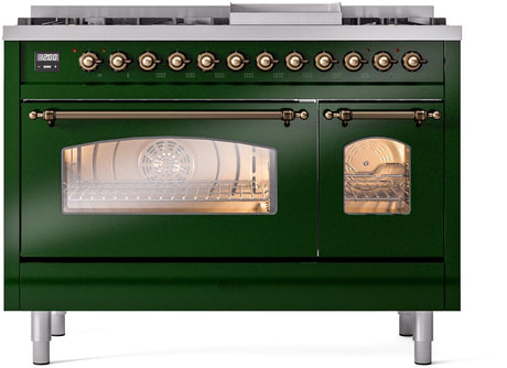 Nostalgie II 48 Inch Dual Fuel Liquid Propane Freestanding Range in Emerald Green with Bronze Trim