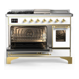ILVE UM48FSNR3WHG Majestic III 48 inch Dual Fuel Range with 5 Black Brass Burners, Griddle and French Top, Dual Function Burner up to 25,000 BTU (Natural Gas, Triple Glass Door, White, Brass)