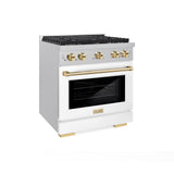 ZLINE Autograph Edition 30 in. 4.2 cu. ft. 4 Burner Gas Range with Convection Gas Oven in DuraSnow' Stainless Steel with White Matte Door and Polished Gold Accents (SGRSZ-WM-30-G)