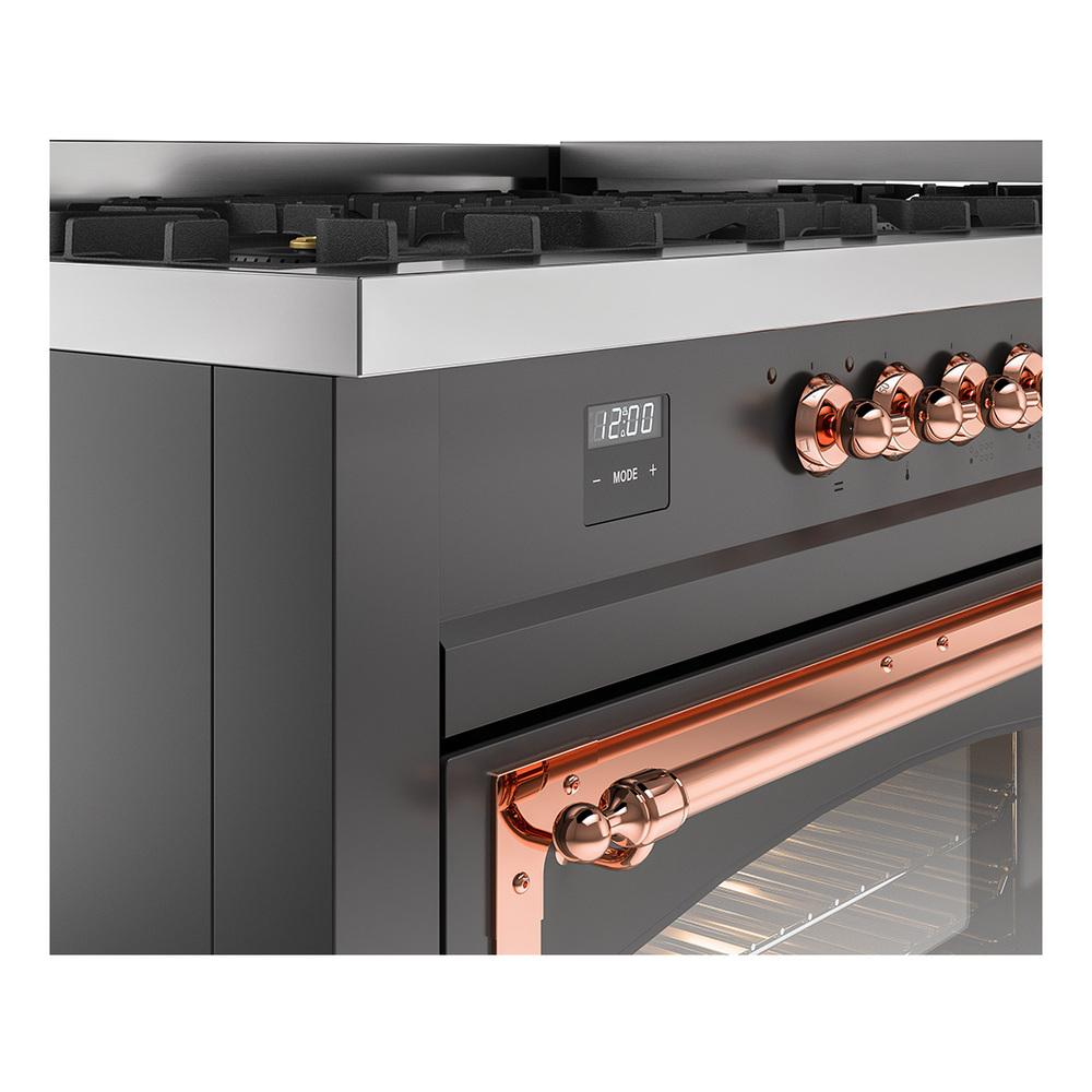 ILVE UN60FNMPMGP Nostalgie II Noblesse 60 inch Dual Fuel Range (9 Sealed Burners + Griddle, Natural Gas, Triple Glass Door, Graphite Matte, Copper)