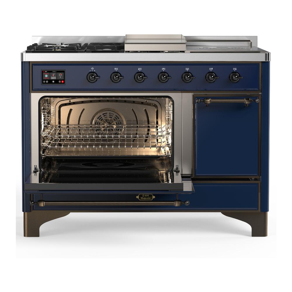 ILVE UM48FSQNR3MBBLP Majestic III 48 inch Dual Fuel Range with 5 Black Brass Burners, Griddle and French Top, Dual Function Burner up to 25,000 BTU (Liquid Propane, Solid Door, Midnight Blue, Burnished)