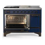 ILVE UM48FSQNR3MBBLP Majestic III 48 inch Dual Fuel Range with 5 Black Brass Burners, Griddle and French Top, Dual Function Burner up to 25,000 BTU (Liquid Propane, Solid Door, Midnight Blue, Burnished)