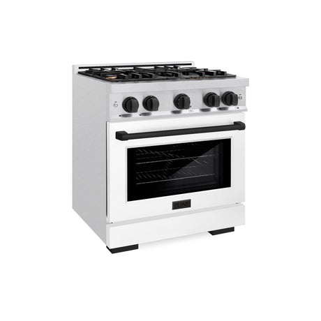 ZLINE Autograph Edition 30 in. 4.2 cu. ft. Select Dual Fuel Range with 4 Burner Gas Cooktop and Electric Convection Oven in DuraSnow' Stainless Steel with White Matte Door and Matte Black Accents (HDRSZ-WM-30-MB)