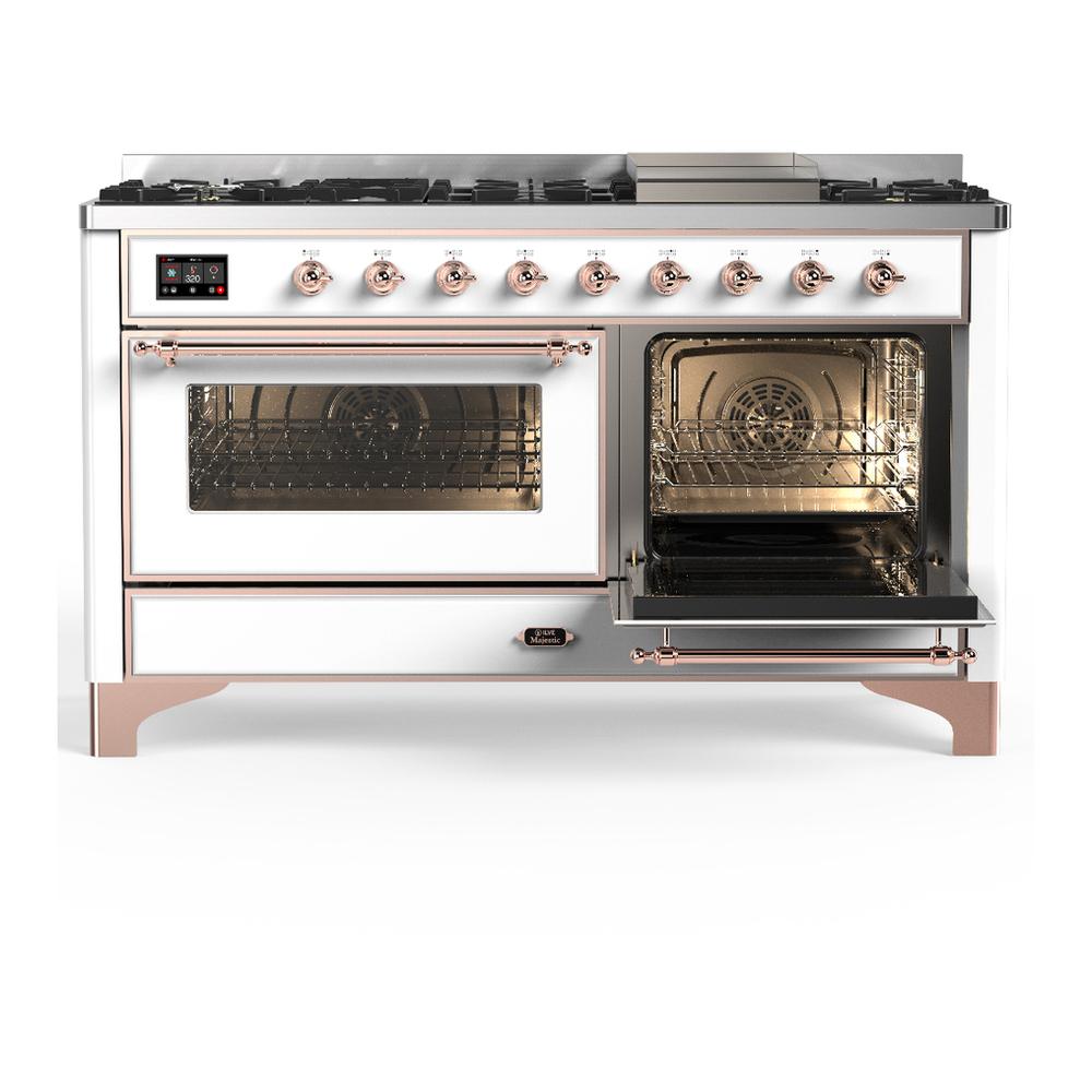 ILVE UM60FNR3WHPLP Majestic III 60 inch Dual Fuel Range with 9 Burners and Griddle, Dual Function Burner up to 25,000 BTU (Liquid Propane, Triple Glass Door, White, Copper)
