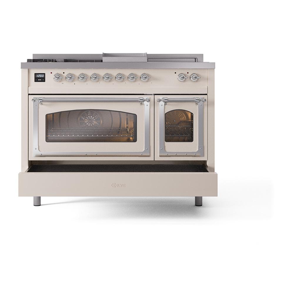 ILVE UN48FSNMPAWC Nostalgie II Noblesse 48 inch Dual Fuel Range (5 Sealed Burners + Griddle + French Top, Natural Gas, Triple Glass Door, Antique White, Chrome)