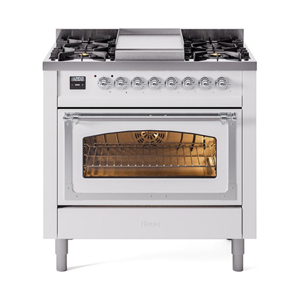 ILVE UN36FNMPWHC Nostalgie II Noblesse 36 inch Dual Fuel Range (Natural Gas, Triple Glass Door, White, Chrome)