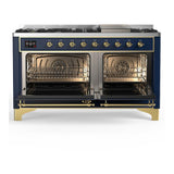 ILVE UM60FQNR3MBGLP Majestic III 60 inch Dual Fuel Range with 9 Burners and Griddle, Dual Function Burner up to 25,000 BTU (Liquid Propane, Solid Door, Midnight Blue, Brass)
