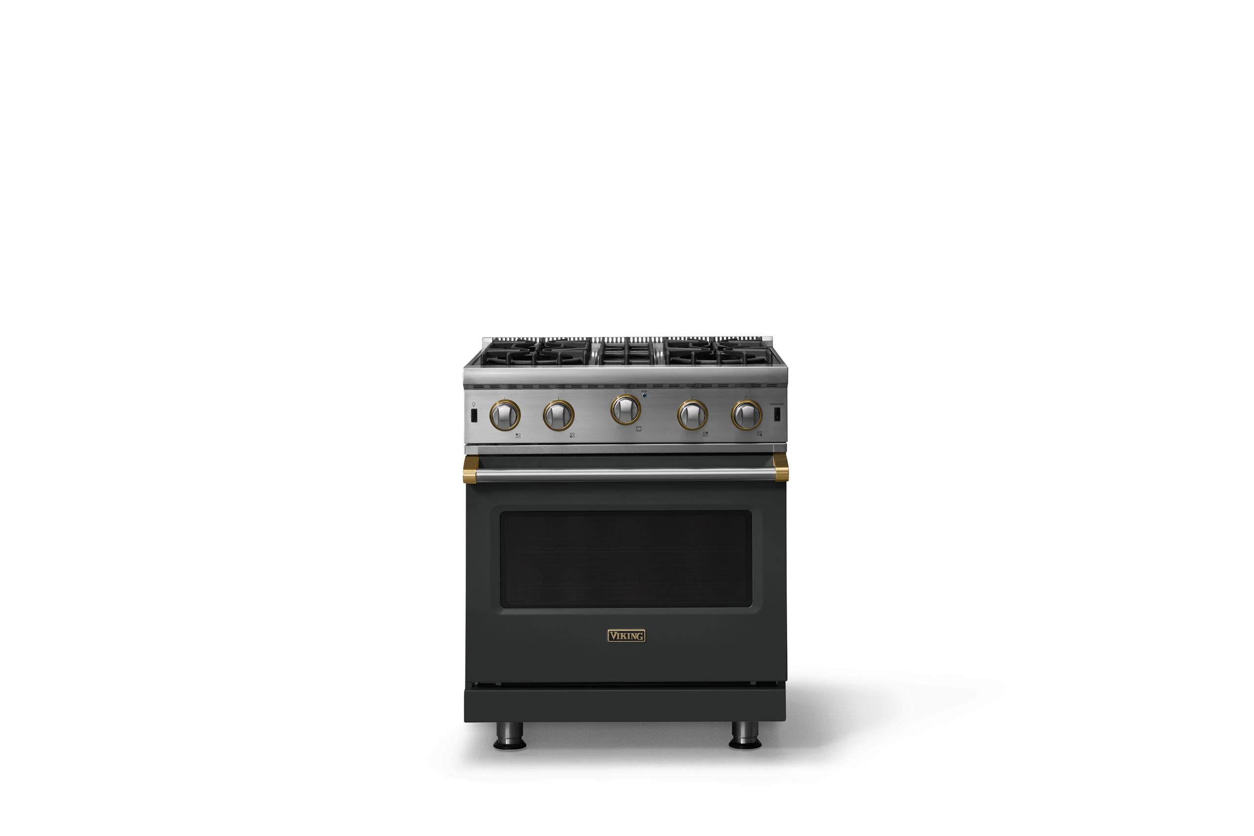 30"W. Open Burner Gas Range (Finish: Antique Bronze, Trim: Brushed Brass, Fuel: Propane)