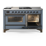 ILVE UM60FSNR3BGBLP Majestic III 60 inch Dual Fuel Range with 7 Burners, Griddle and French Top, Dual Function Burner with up to 25,000 BTU (Liquid Propane, Triple Glass Door, Blue Grey, Burnished)