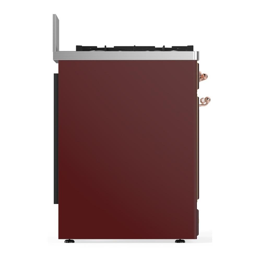 ILVE UM30QNR3BUPLP Majestic III 30 inch Dual Fuel Range with 5 Black Brass Burners, Dual Function Burner up to 25,000 BTU (Liquid Propane, Solid Door, Burgundy, Copper)