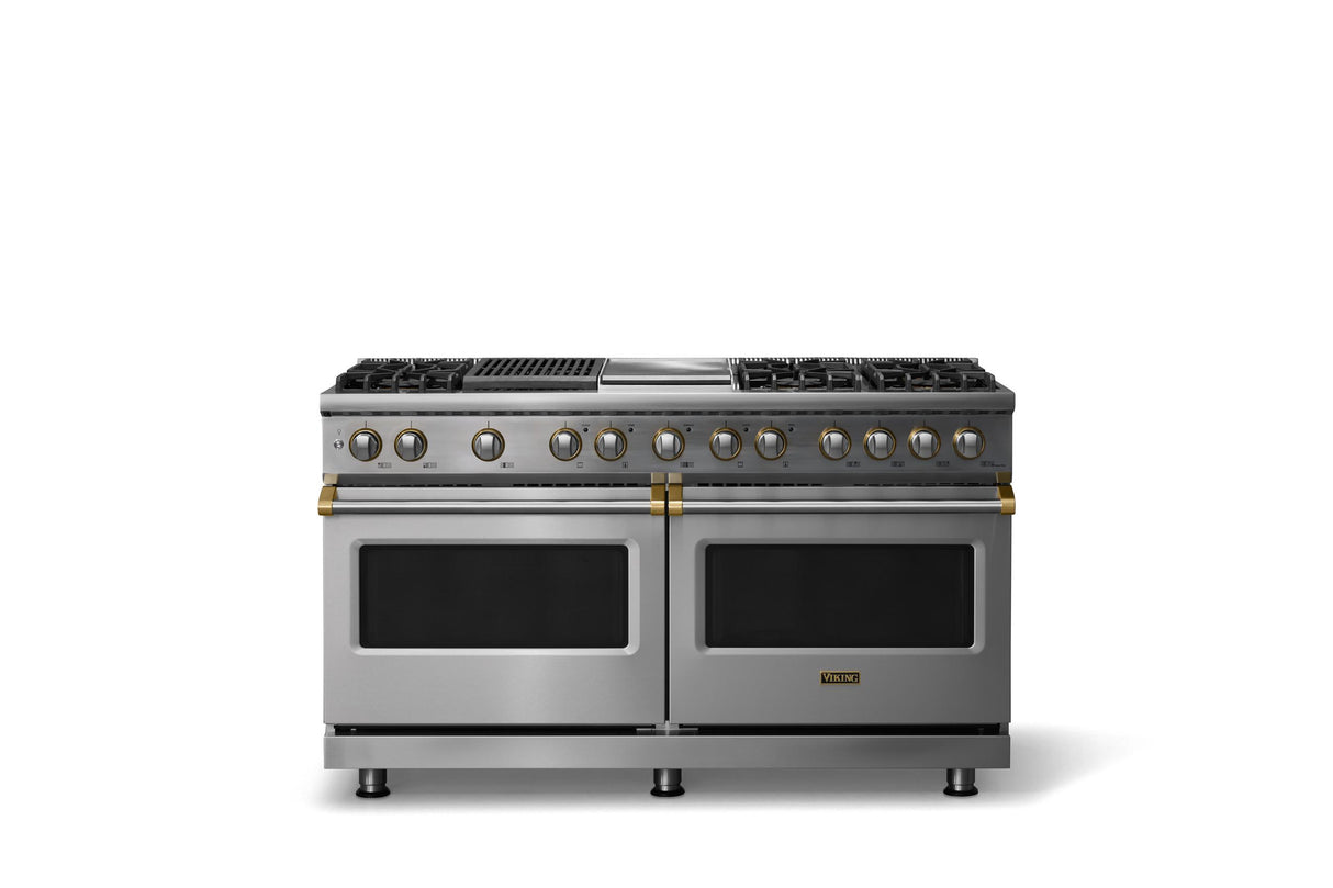 60"W.Dual Fuel Range (Finish: Stainless Steel, Trim: Brushed Brass, Fuel: Natural Gas)