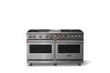 60"W.Dual Fuel Range (Finish: Stainless Steel, Trim: Brushed Brass, Fuel: Propane)