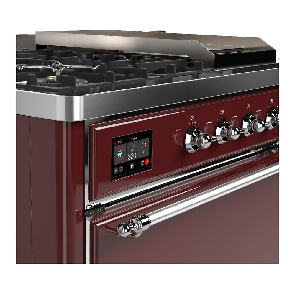 ILVE UM48FSQNR3BUCLP Majestic III 48 inch Dual Fuel Range with 5 Black Brass Burners, Griddle and French Top, Dual Function Burner up to 25,000 BTU (Liquid Propane, Solid Door, Burgundy, Chrome)